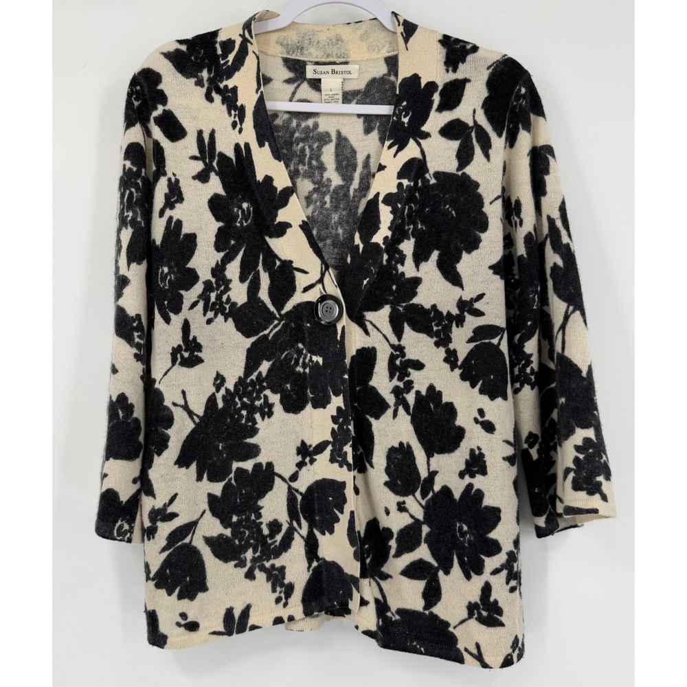 Susan Bristol Lambswool Angora Floral Cardigan Sweater Cream Black Large - Picture 2 of 7